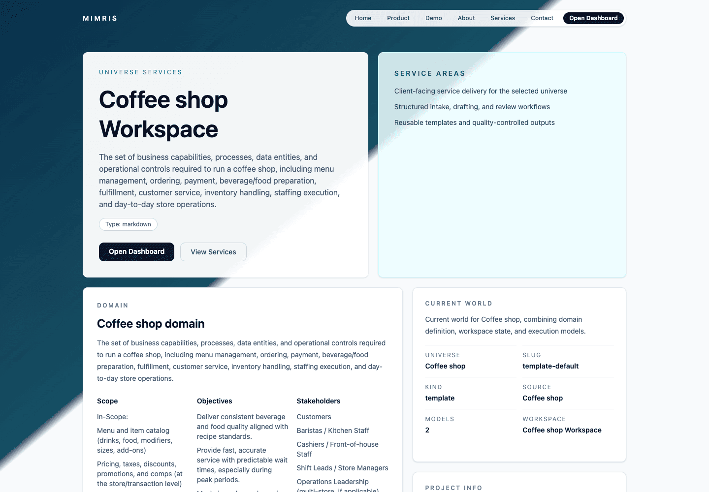 Mimris AI Workspace showing connected project work