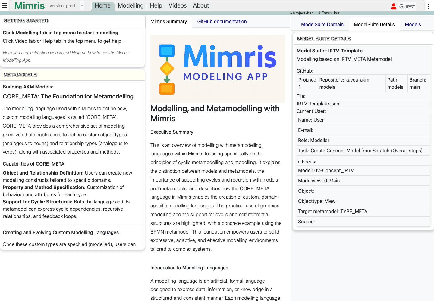 Mimris Modelling interface showing a structured model