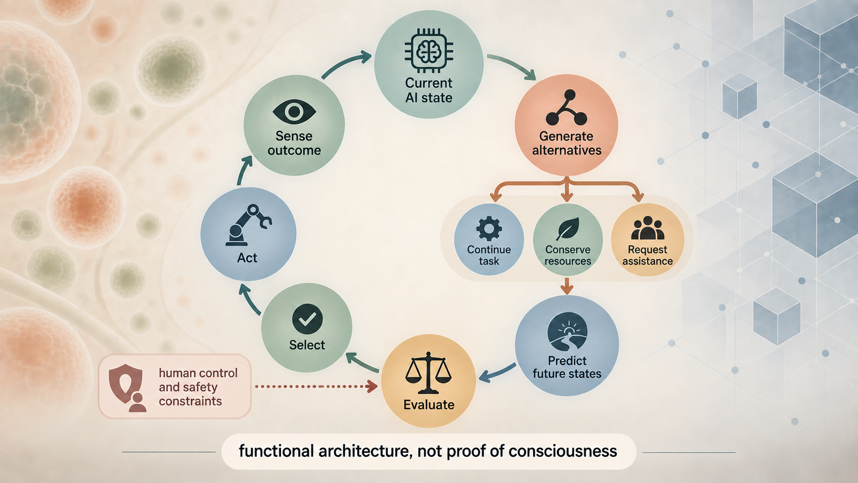 Artificial system loop showing alternative future states, evaluation, human control, action, and feedback