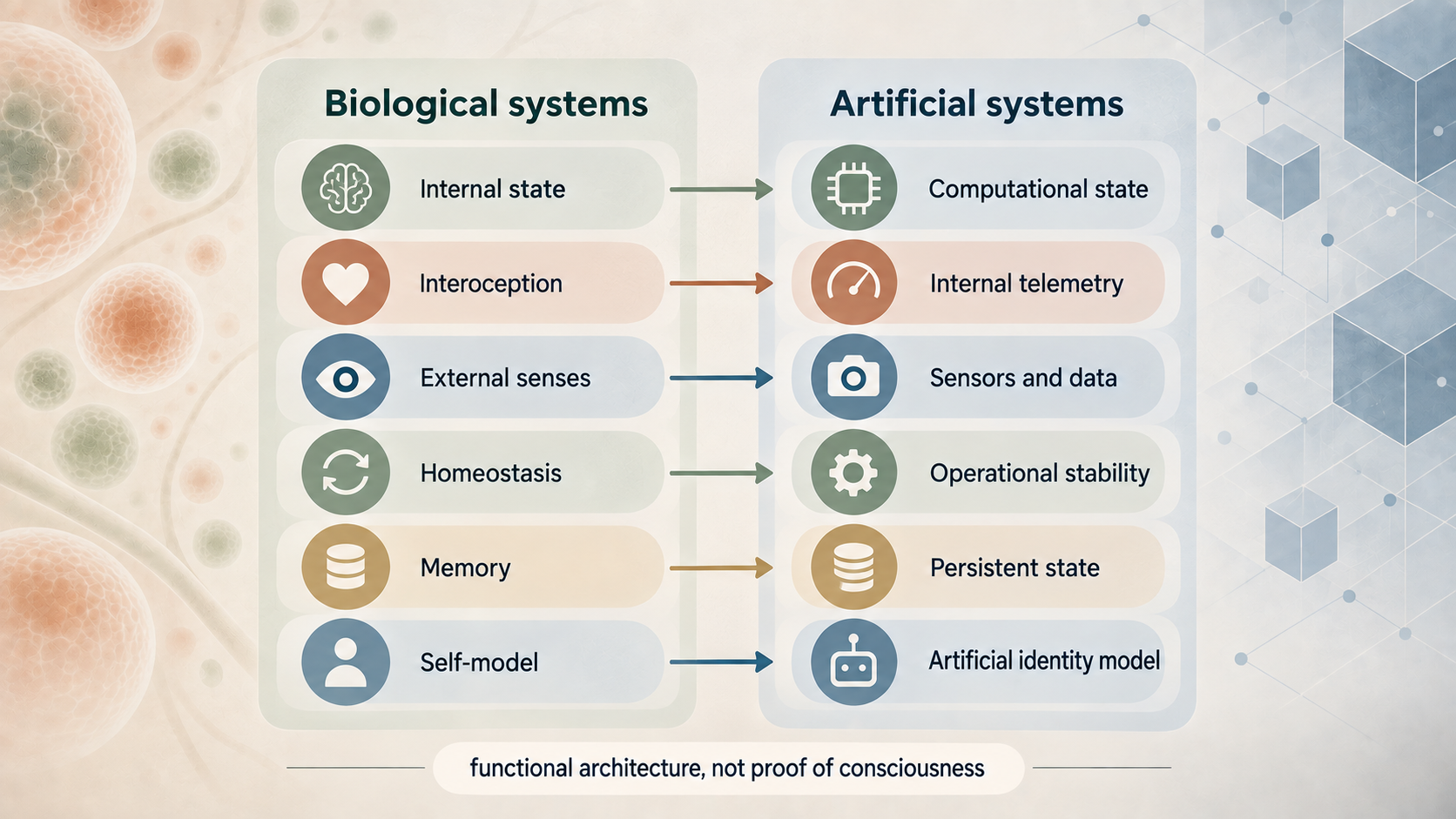Comparison of biological and artificial system concepts from internal state to self-model