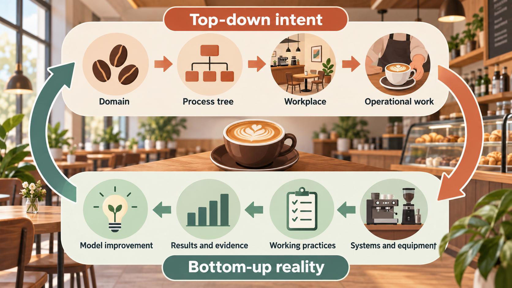 Top-down intent and bottom-up reality connected through operational work and continuous model improvement
