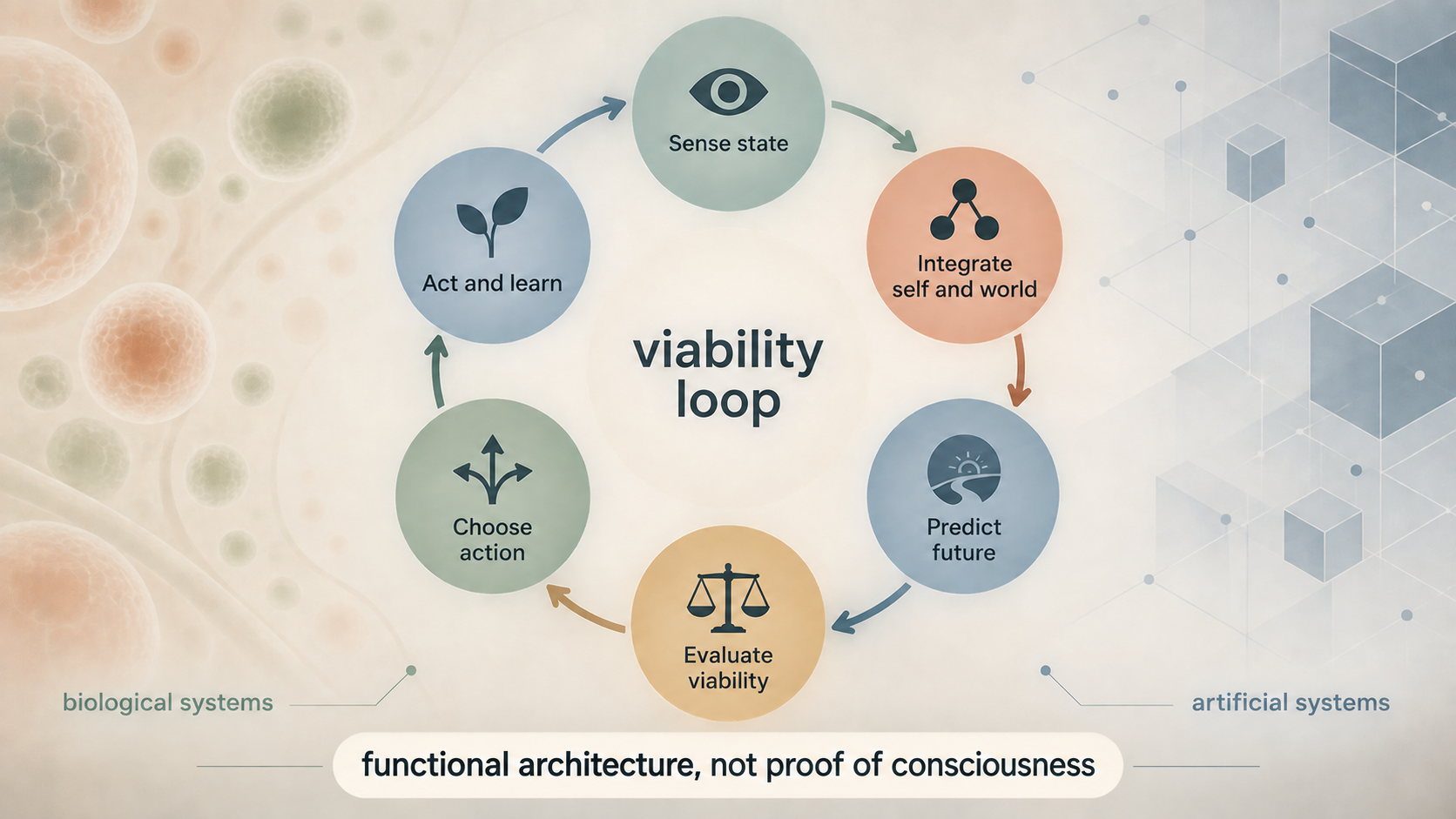 Compact viability loop showing sensing, an integrated self and world model, prediction, evaluation, action, and learning