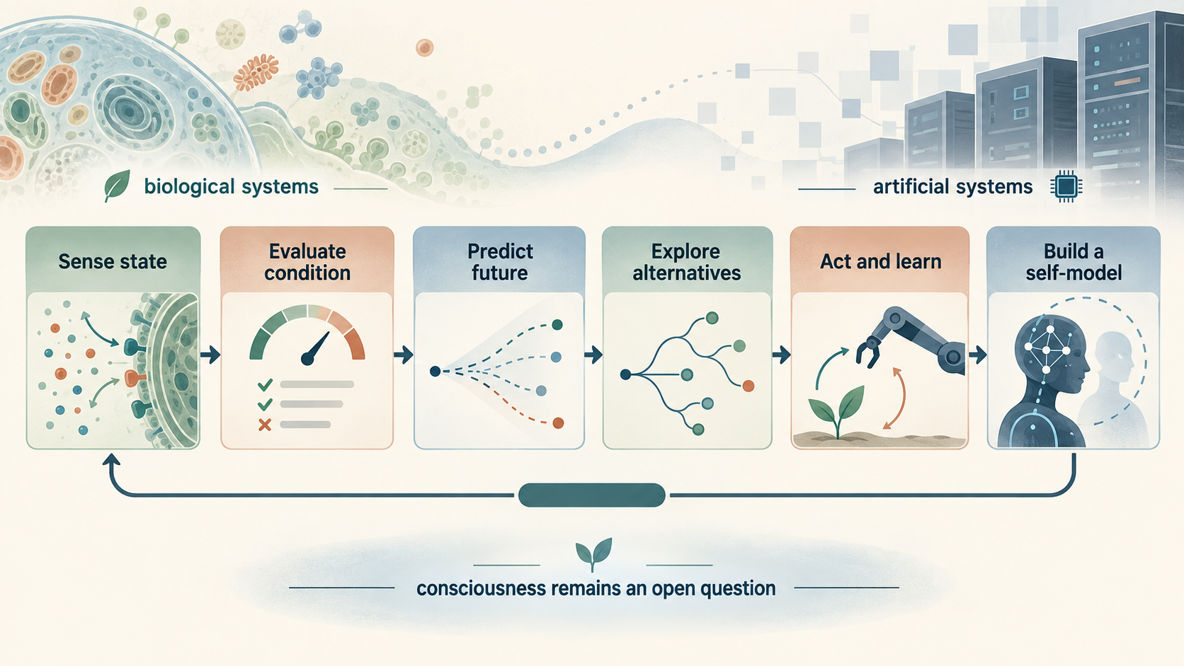 Conceptual progression from viability regulation to self-models and the open question of consciousness
